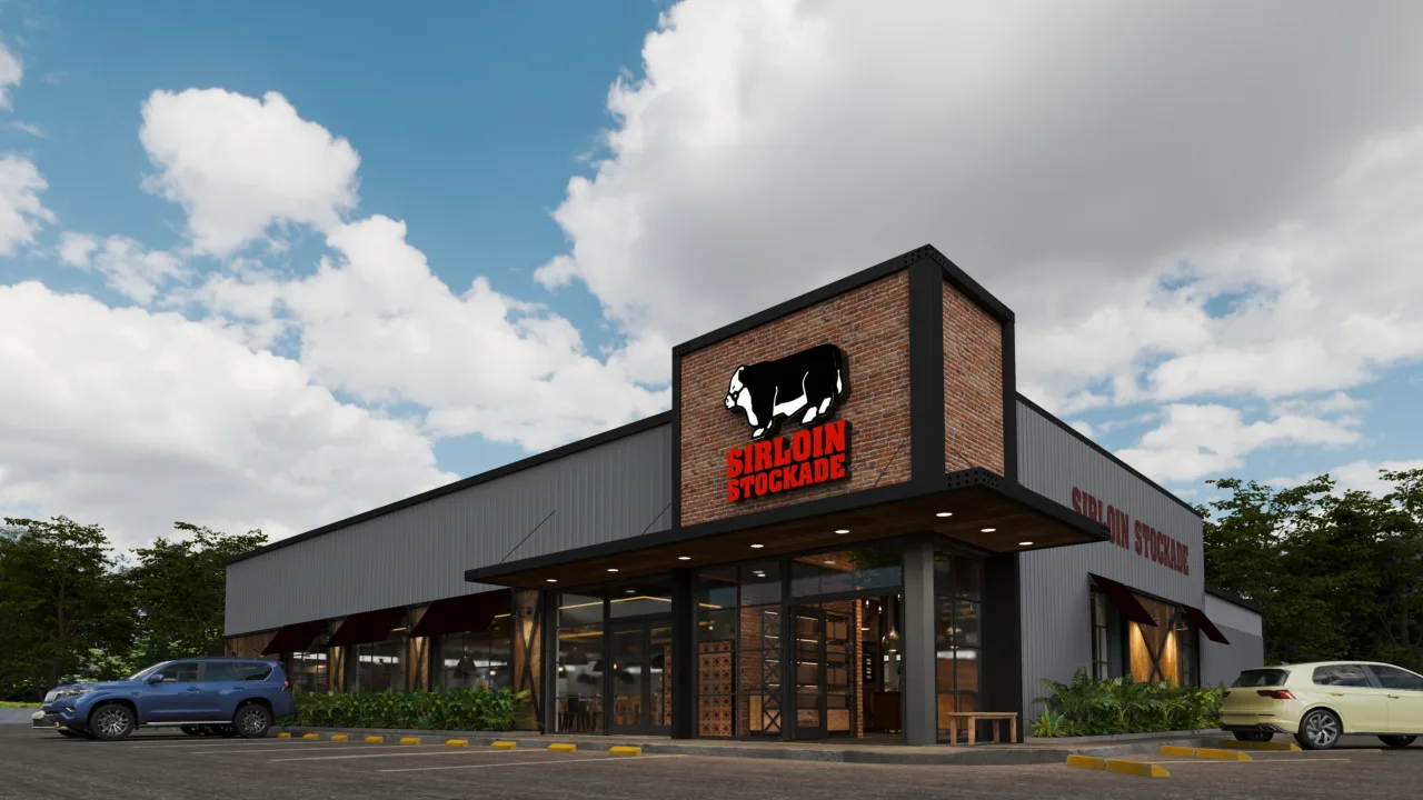Sirloin Stockade restaurant exterior concept, showing the entrance, facade, glazing and landscaped approach