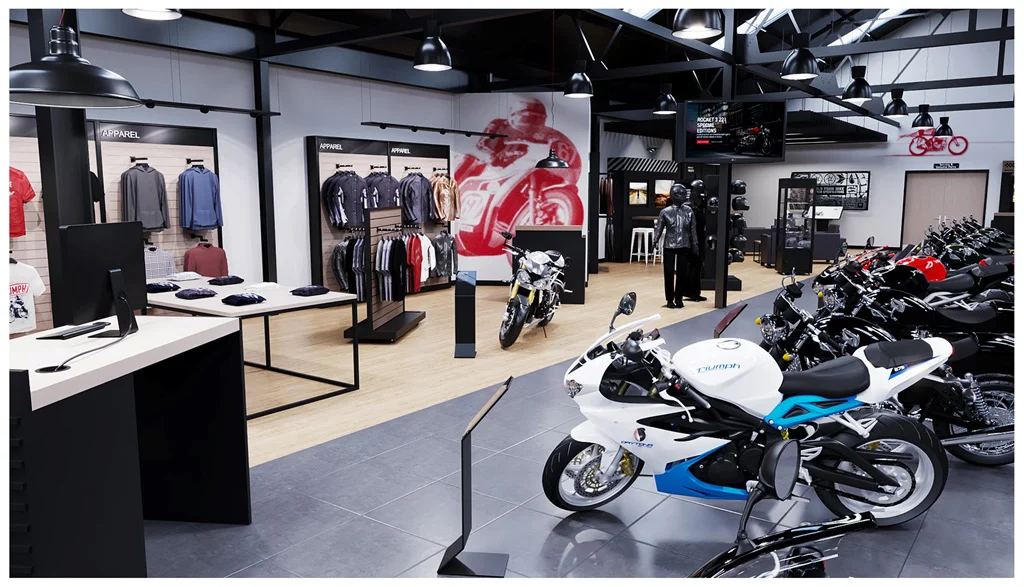 Triumph retail concept visualisation with motorcycle, apparel and customer displays