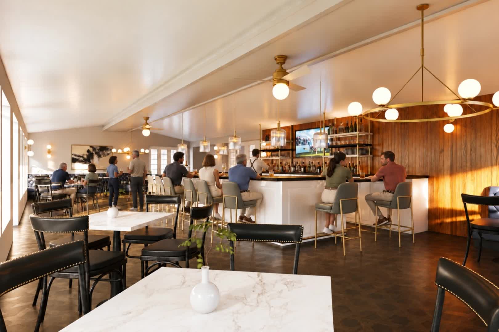 Golf country-club bar with guests conversing