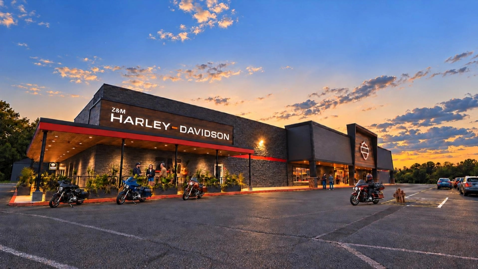 Z&M Harley-Davidson dealership at dusk