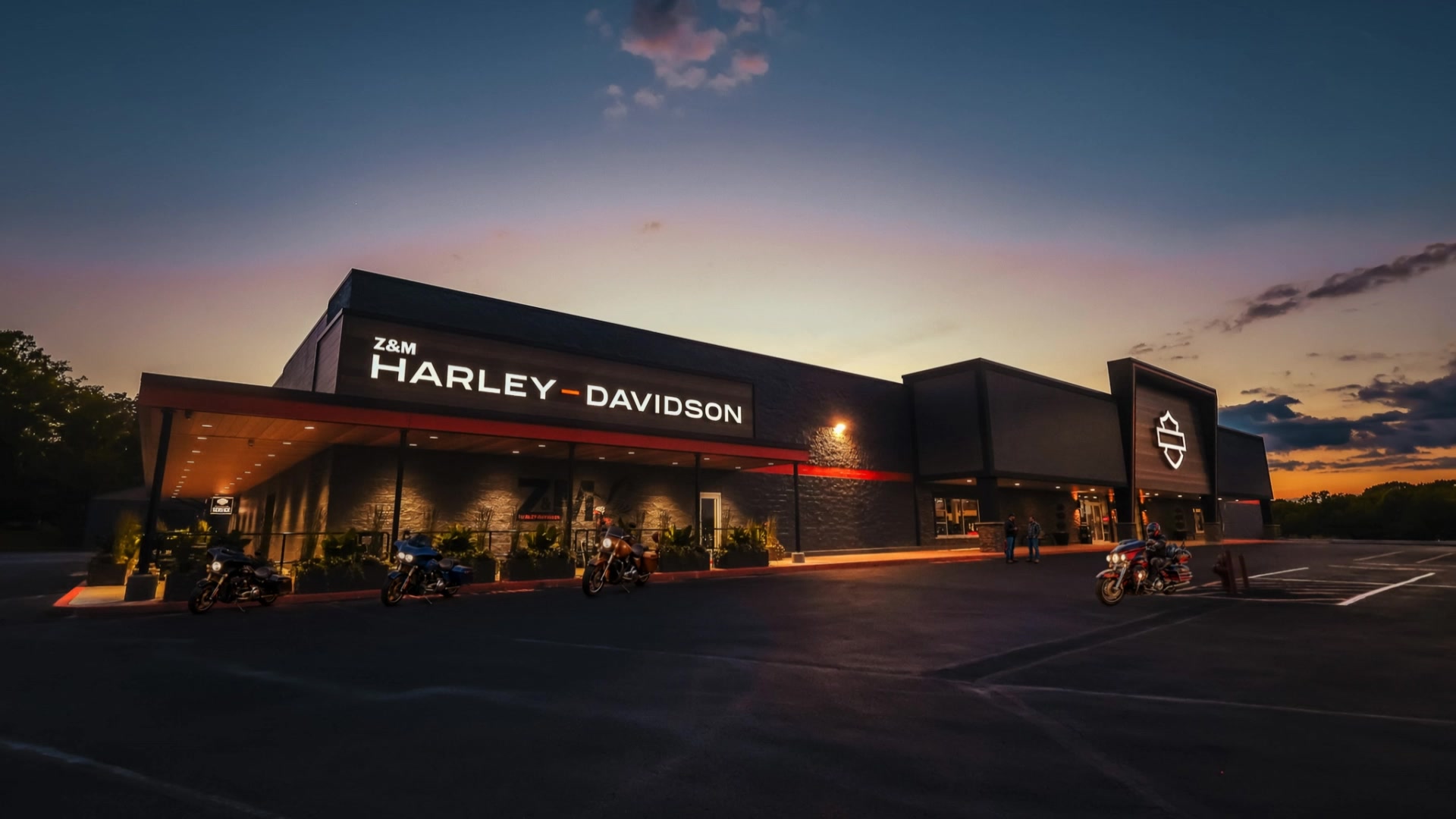 Z&M Harley-Davidson dealership at dusk