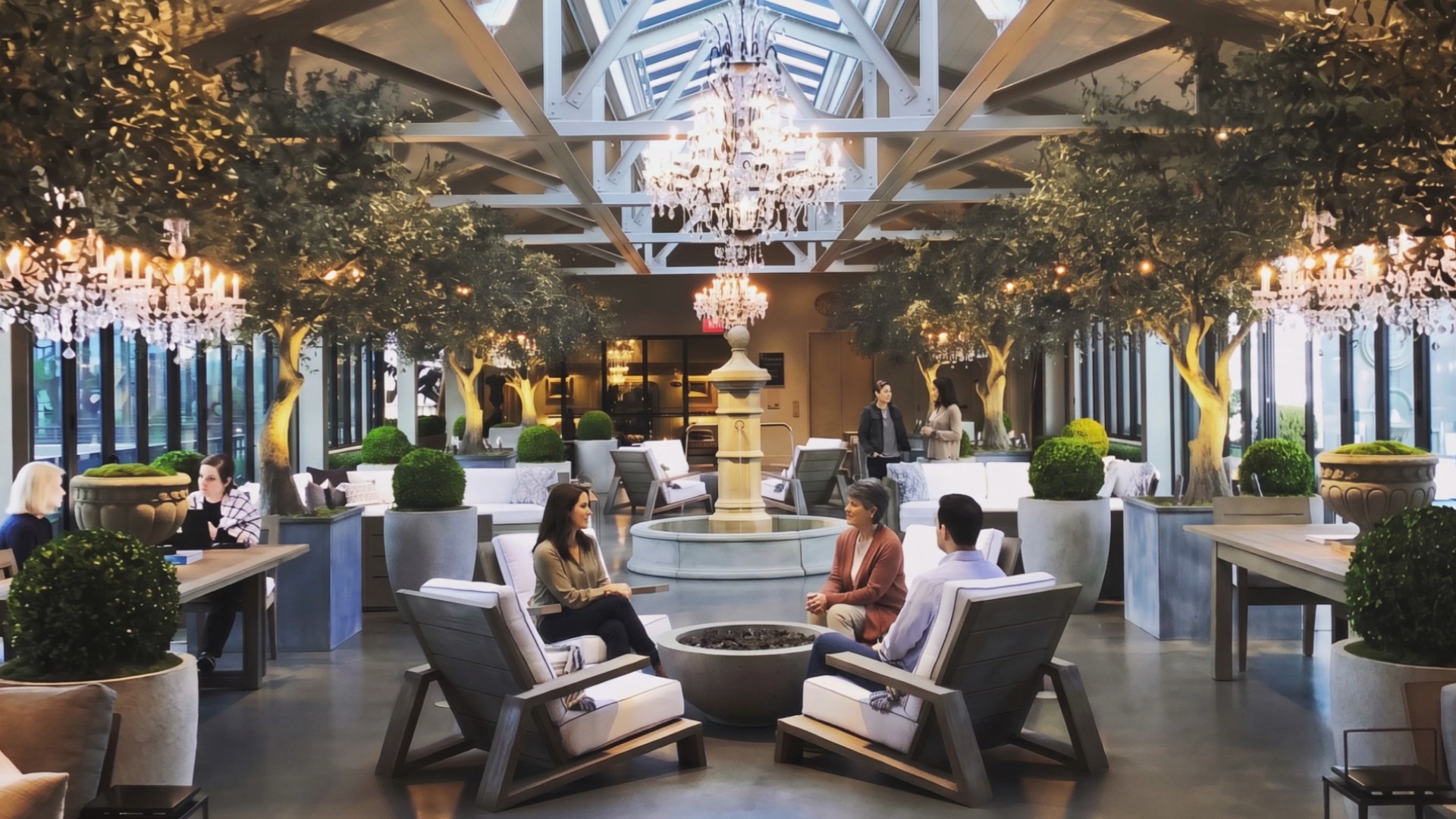 Restorative hospitality lounge with guests conversing